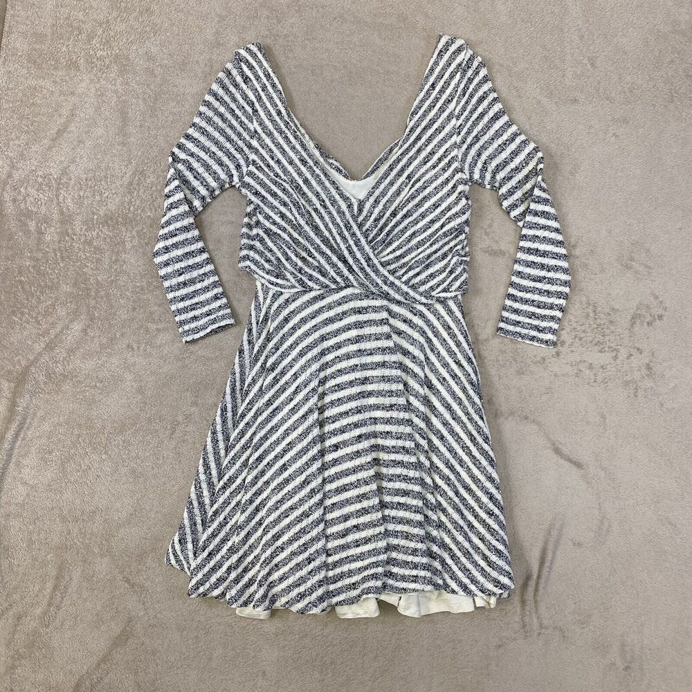 Free People Gray Ivory Striped Faux Wrap V Neck V Back Maverick Dress Small - Picture 11 of 14